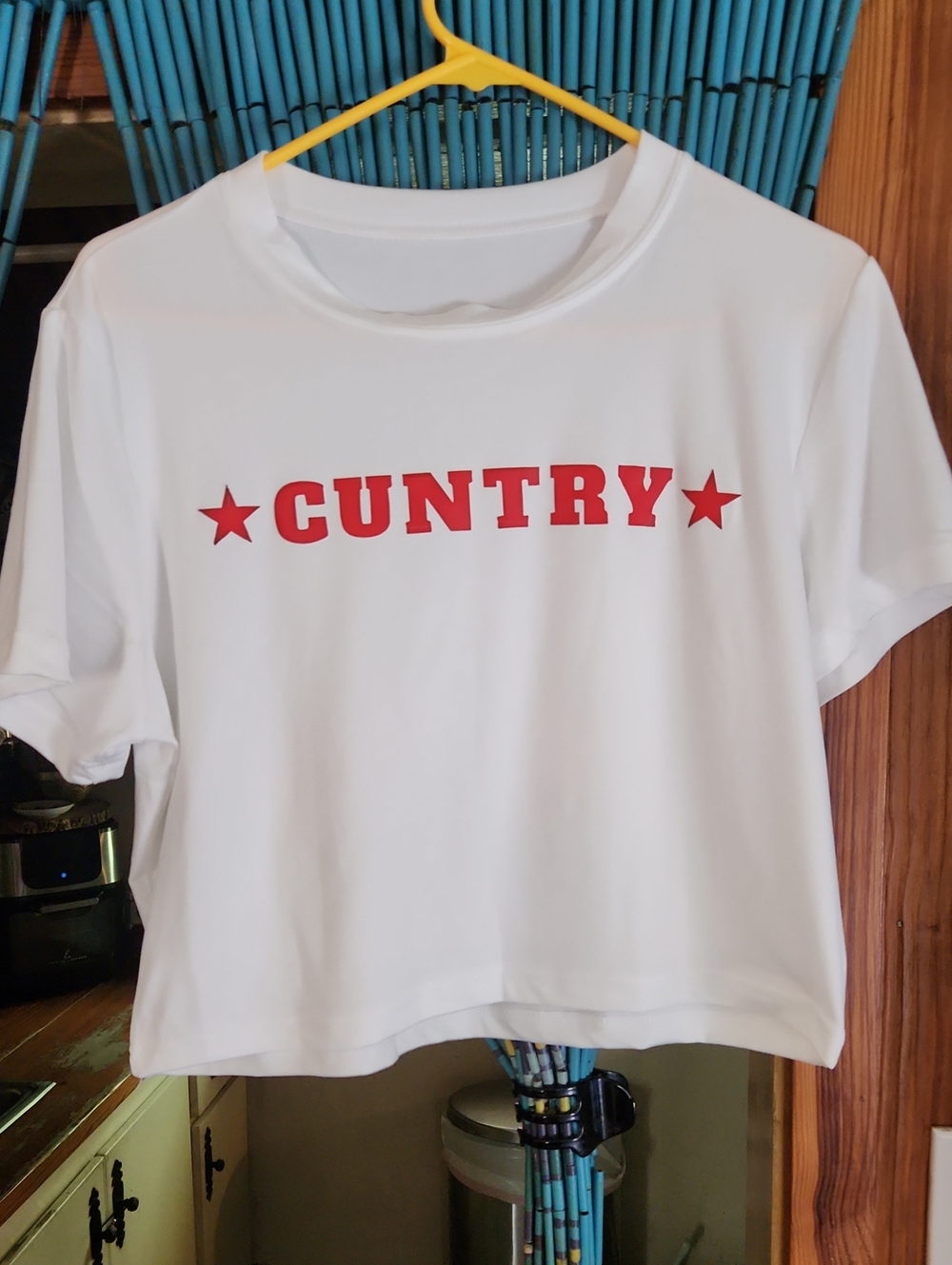 White Crop Tee with Red "CUNTRY" Graphic by